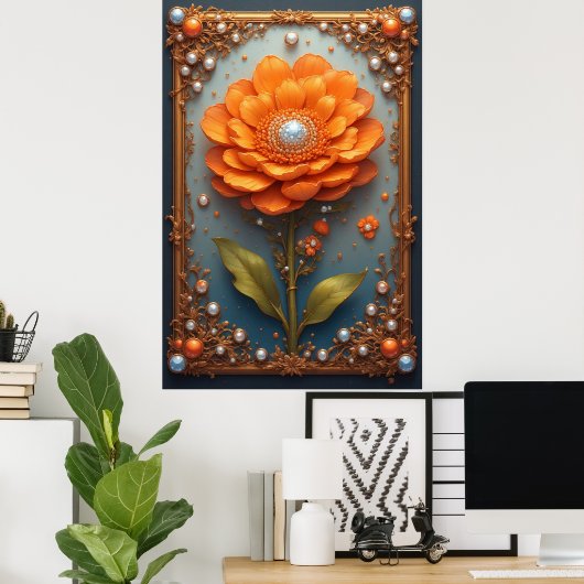 Ornate Orange Flower Artwork in Gold Frame ポスター (ホームオフィス)