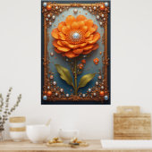 Ornate Orange Flower Artwork in Gold Frame ポスター (キッチン)