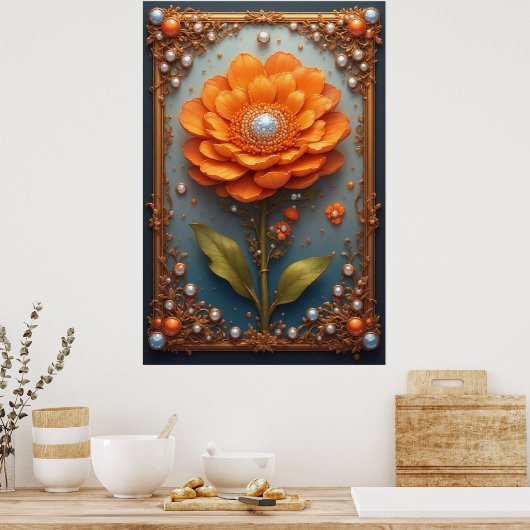 Ornate Orange Flower Artwork in Gold Frame ポスター (キッチン)