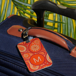 Ornate Orange Paisley Pattern Monogram ラゲッジタグ