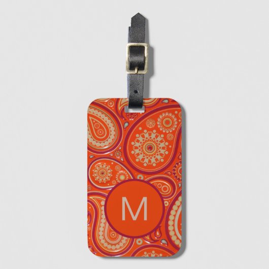 Ornate Orange Paisley Pattern Monogram ラゲッジタグ (正面縦)