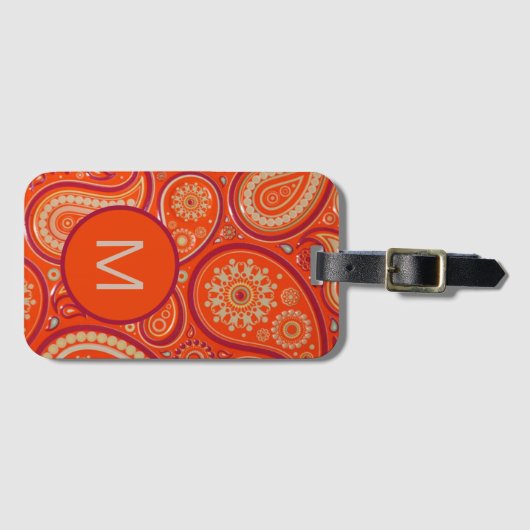 Ornate Orange Paisley Pattern Monogram ラゲッジタグ (正面横)