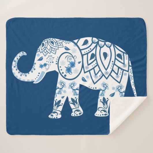Ornate Patterned Blue Elephant シェルパブランケット (正面(横))