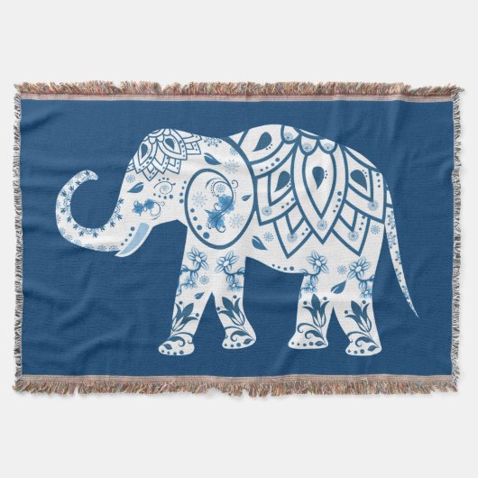 Ornate Patterned Blue Elephant スローブランケット (正面)