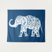 Ornate Patterned Blue Elephant タペストリー (正面(横))