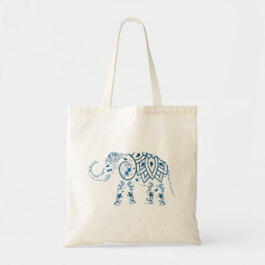 Ornate Patterned Blue Elephant トートバッグ (正面)