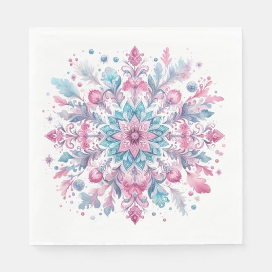 ORNATE PINK & BLUE WINTER HOLIDAY SNOWFLAKES スタンダードランチョンナプキン (正面)