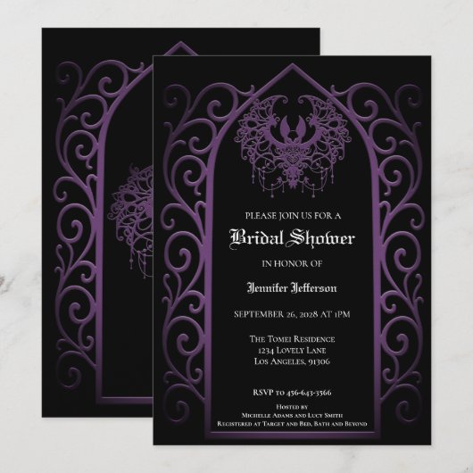 Ornate purple border Gothic Bridal Shower 案内状 (正面/裏面)