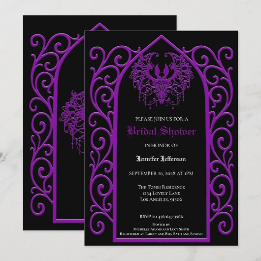 Ornate purple border Gothic Bridal Shower 案内状 (正面/裏面)