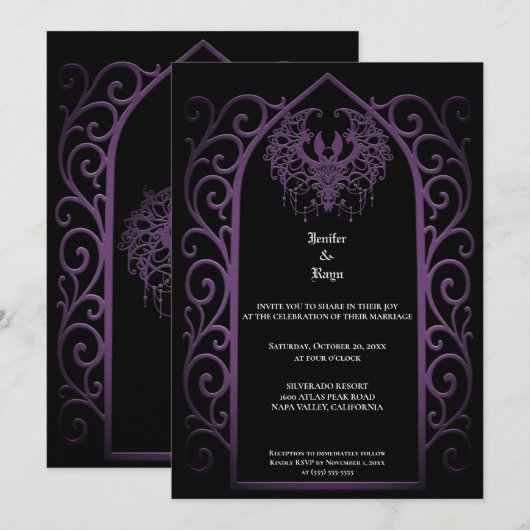 Ornate purple border Gothic wedding Invitation 招待状 (正面/裏面)
