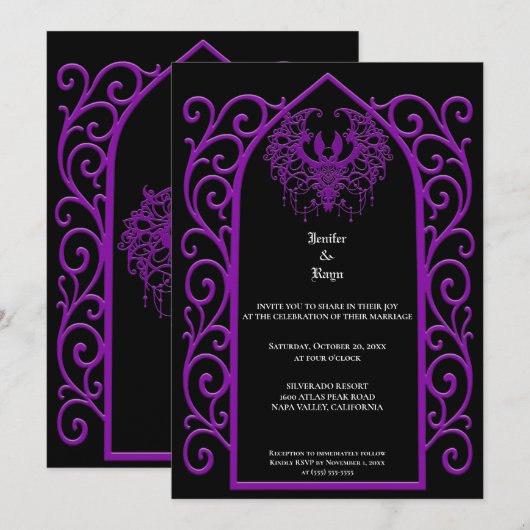 Ornate purple border Gothic wedding Invitation 招待状 (正面/裏面)