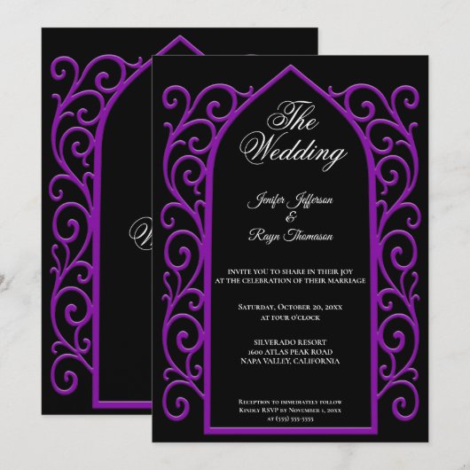 Ornate purple border Gothic wedding Invitation 招待状 (正面/裏面)