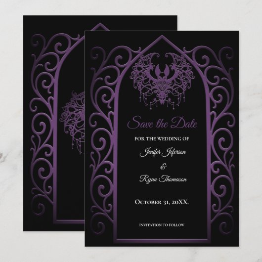 Ornate purple border wedding save the date 案内状 (正面/裏面)
