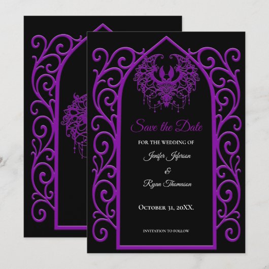 Ornate purple border wedding save the date 案内状 (正面/裏面)