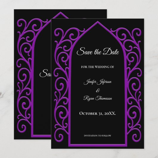 Ornate purple border wedding save the date 案内状 (正面/裏面)