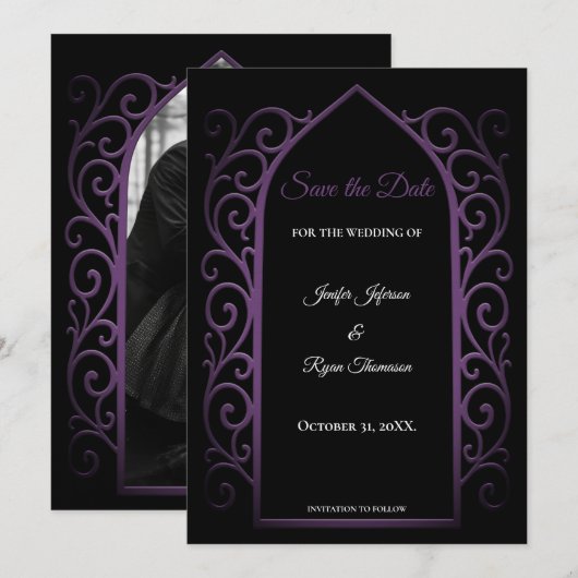 Ornate purple border wedding save the date 案内状 (正面/裏面)