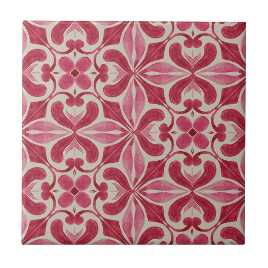 Ornate Red Azulejo Pattern with Floral Motifs タイル (正面)
