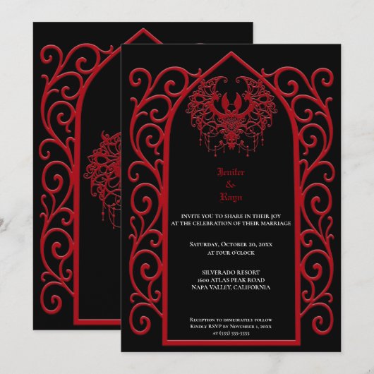 Ornate red border Gothic wedding Invitation 招待状 (正面/裏面)