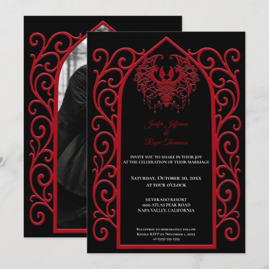 Ornate red border Photo Gothic wedding Invitation 招待状 (正面/裏面)