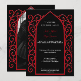 Ornate red border Photo Gothic wedding Invitation 招待状