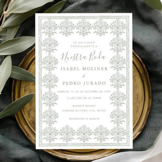 Ornate Romantic Sage Green Nuestra Boda Wedding 招待状