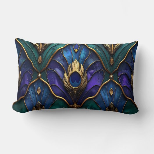 Ornate Royal Peacock & Gold Luxury Pillow ランバークッション (正面)