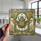 Ornate Scarab Beetle Emerald Teal Gold Art Nouveau タイル