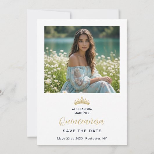 Ornate Tiara Minimalist Quinceañera Photo Design セーブザデート (正面)