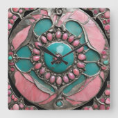 Ornate Tourmaline & Turquoise Art in Silver スクエア壁時計 (正面)