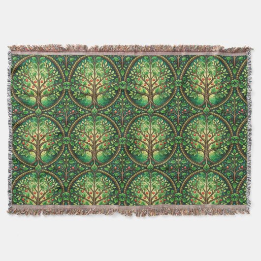 Ornate tree pattern in green and brown on a woven  スローブランケット (正面)