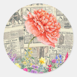 Orrange花、水彩古新聞 ラウンドシール