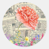 Orrange花、水彩古新聞 ラウンドシール (正面)