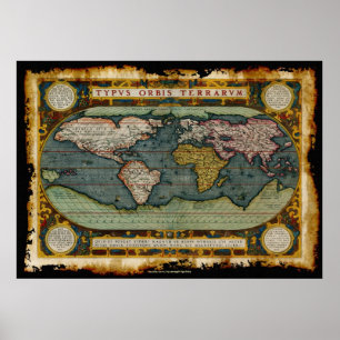 Ortelius' Old World Map in Rustic Grunge Style ポスター