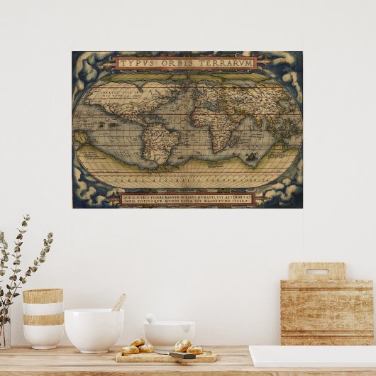 Ortelius World Map 1570型Orbis Terrarvm ポスター (キッチン)