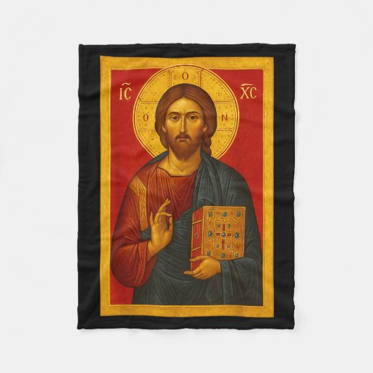 Orthodox Icon Of Jesus Christ Pantocrator  フリースブランケット (正面)