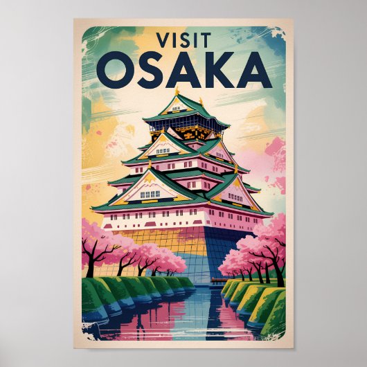 Osaka Japan Castle Illustration Travel Art Vintage ポスター (正面)
