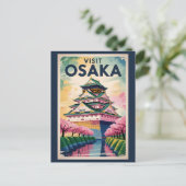 Osaka Japan Castle Illustration Travel Art Vintage ポストカード (スタンド正面)