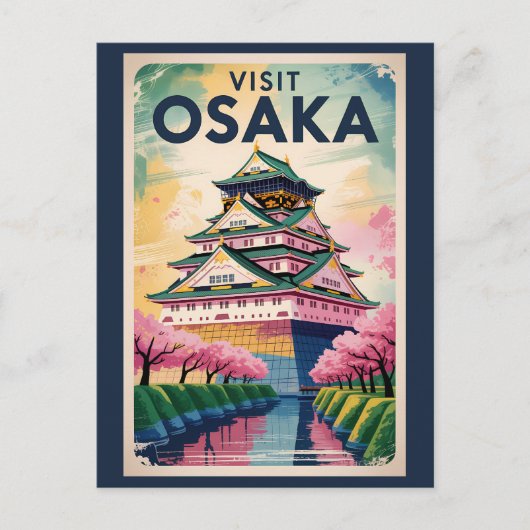 Osaka Japan Castle Illustration Travel Art Vintage ポストカード (正面)