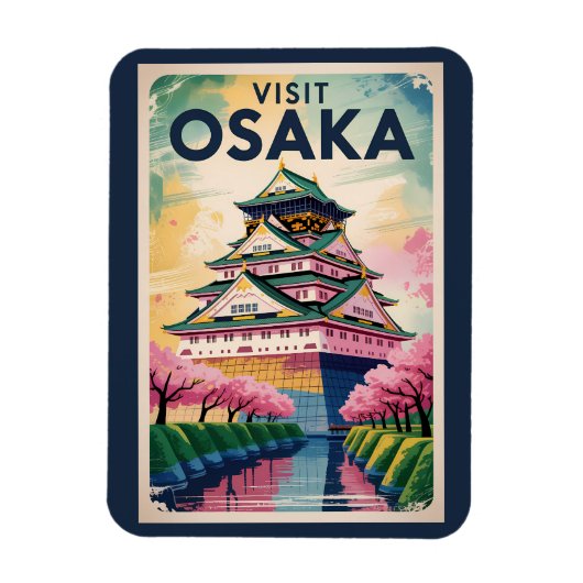 Osaka Japan Castle Illustration Travel Art Vintage マグネット (縦)