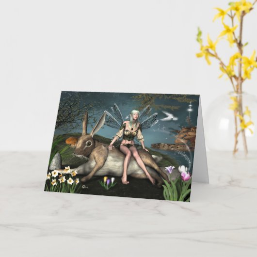 Ostaraの妖精および3月のノウサギの挨拶状 カード (黄色い花)