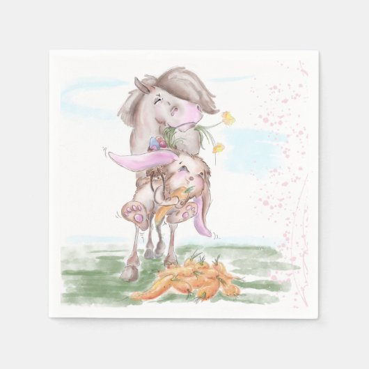Oster Servietten mit Pferd und Osterhase スタンダードカクテルナプキン (正面)