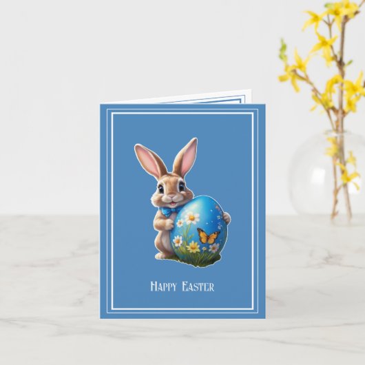 Osterhase mit blauer Schleife -  カード (黄色い花)