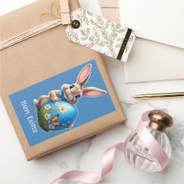 Osterhase mit blauer Schleife - 長方形シール