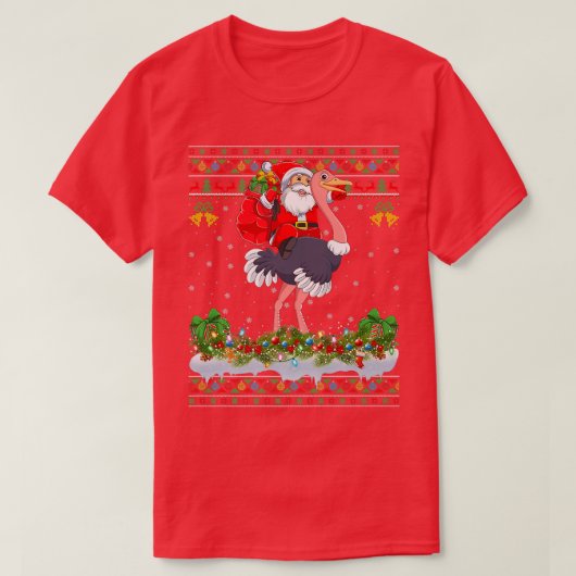 Ostrich Bird Xmas Pajama Ugly Santa Riding Ostrich Tシャツ (デザイン正面)