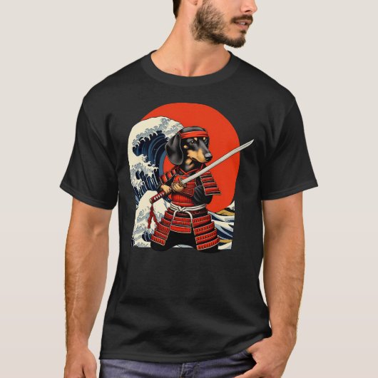 Otaku Weiner Dachshund Dog Samurai Tシャツ (正面)