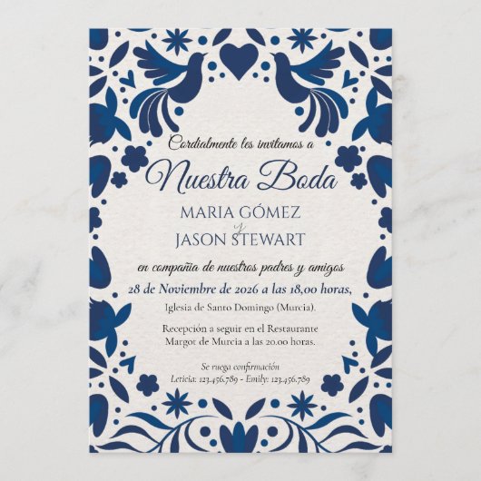 Otomi Blue Floral Elegant Fiesta Spanish Wedding 招待状 (正面)