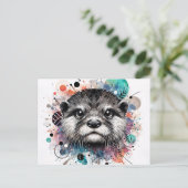 Otter Colorful Watercolor Art ポストカード (スタンド正面)