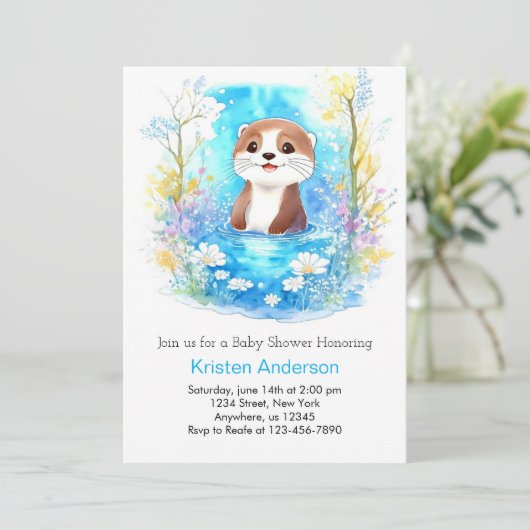 Otter Dreamscape Blue Boy Baby Shower 招待状 (スタンド正面)