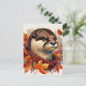 Otter Grump In Autumn Watercolor ポストカード (スタンド正面)