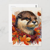 Otter Grump In Autumn Watercolor ポストカード (正面/裏面)